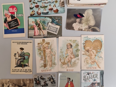 Prentbriefkaarten: Lot met 100 diverse kaarten, voornamelijk fantasie, 1900 - 1950