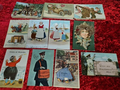 Prentbriefkaarten/ Fantasie: Lot met 47 voornamelijk gelithografeerde kaarten, 1900 - 1920