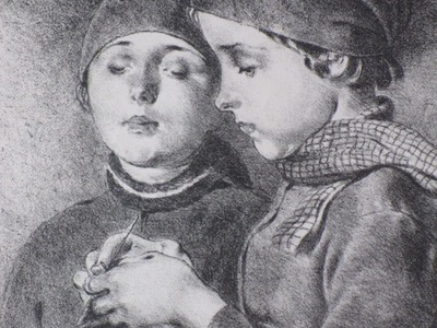 Grafiek - Wilm Wouters - Voorstelling van twee zusjes met breiwerk en pop 1942