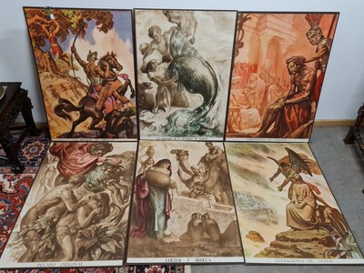 Schoolplaten - 6 Spaanse religieuze schoolplaten volledig in kleurenlithografie