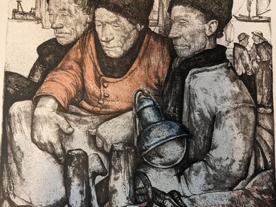 Grafiek - Willem van den Berg -  Kleurenlitho vissersvrouwen - 1949