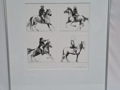 Kunst: Aat Verhoog - (1933) Vier ruiters te paard - zwart-wit ets