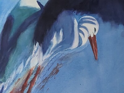 Kunst - Robin Berry - Aquarel van vliegende een Ooievaar