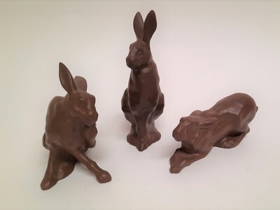 3 Pottery Sculptures of Hares. Gien France.