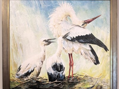 Kunst - Kees Aalbers - Olieverf van Ooievaar met 2 kuikens op nest - 2009